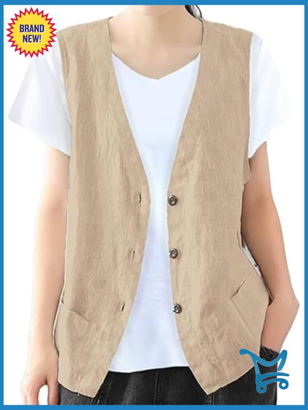 Women Sleeveless Blazer Vest Cotton Linen Casual Button Front V Neck